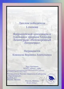 Диплом или сертификат Вероники Климцовой, 13
