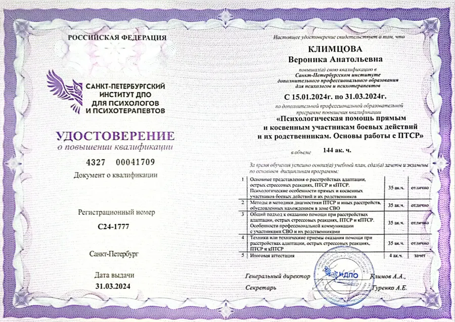 Помощь при ПТСР, СПб ИДПО, 144 ч